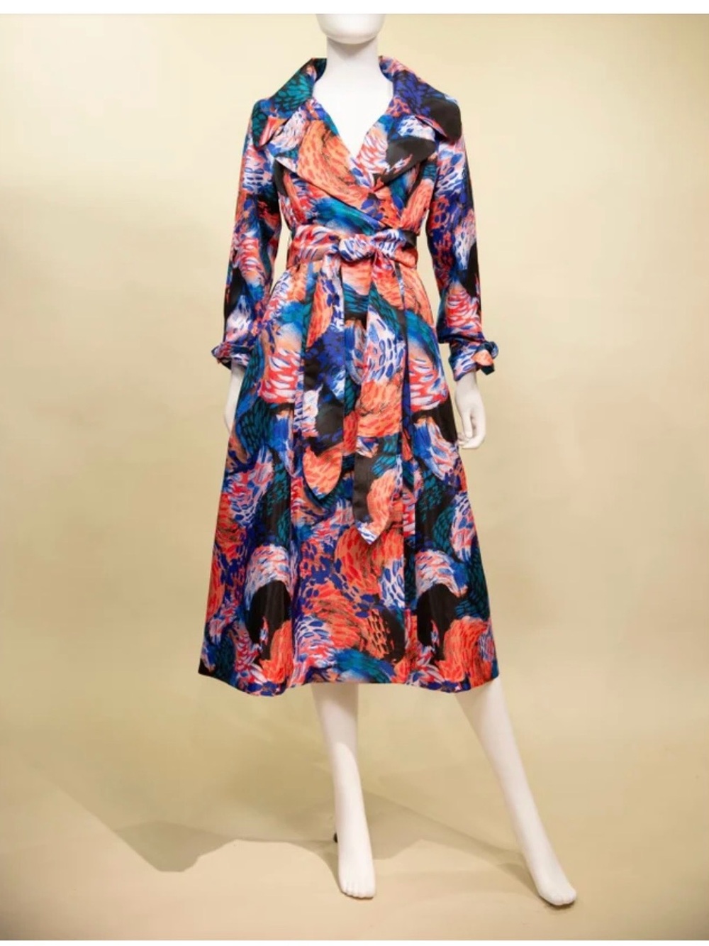 Samuel Dong Multicolor Abstract Print Long Sleeve Midi Dress - Orange & Blue
